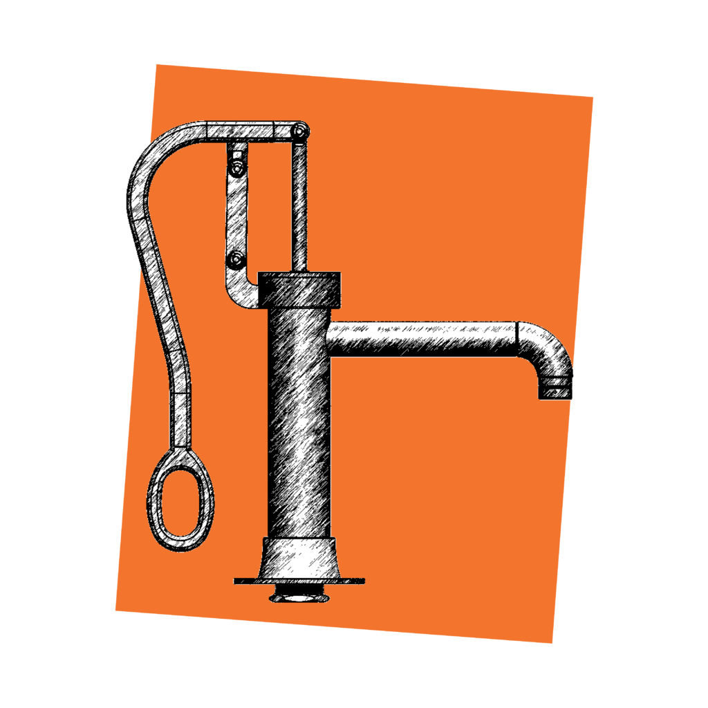 Sketch of Lil Guppy hand pump system for interactive water play